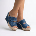 Frayed Denim Buckle Wedge Slide Sandals