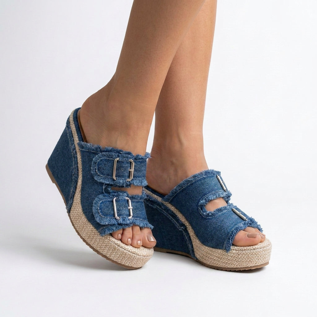 Frayed Denim Buckle Wedge Slide Sandals