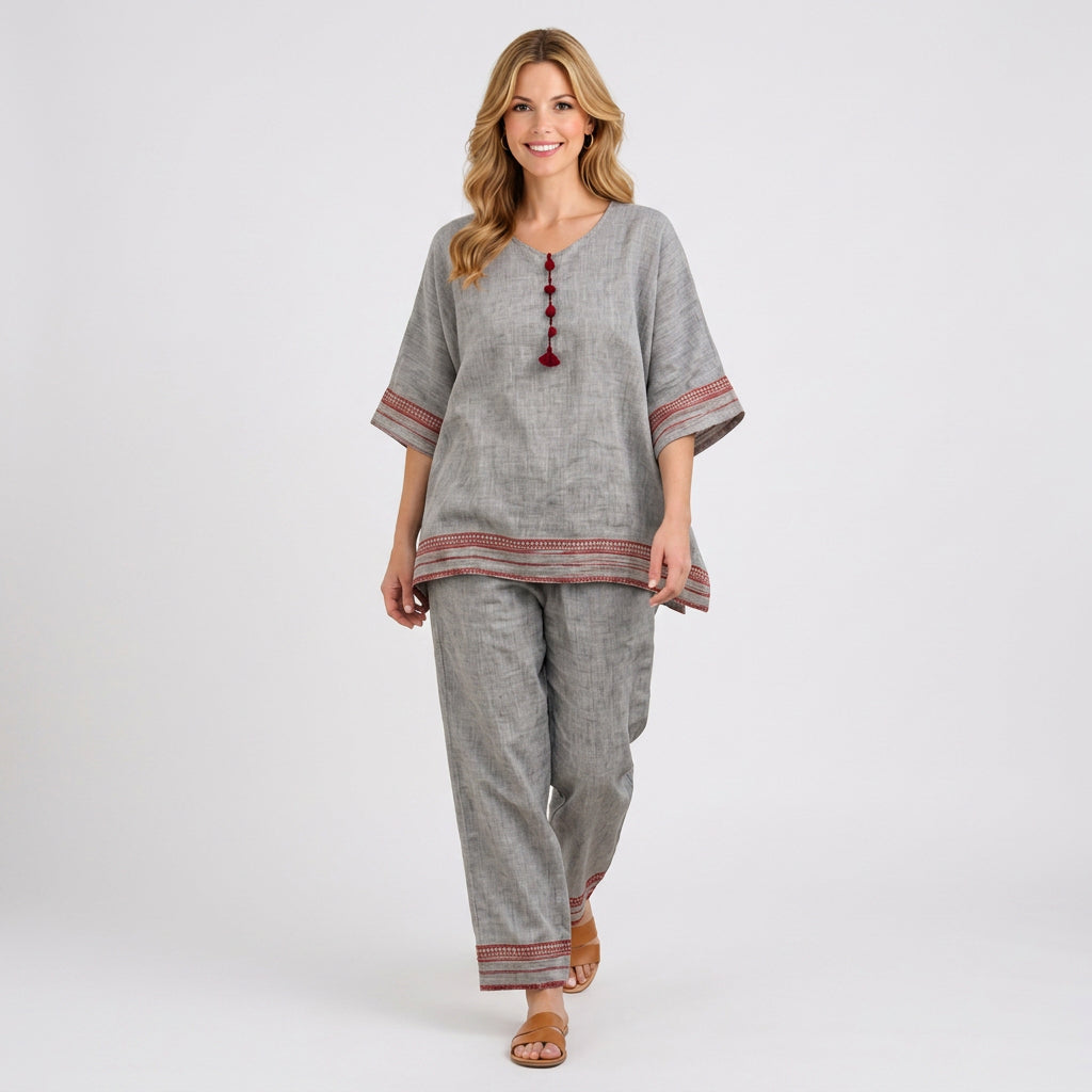 Embroidered Trim Linen Tunic and Trouser Set