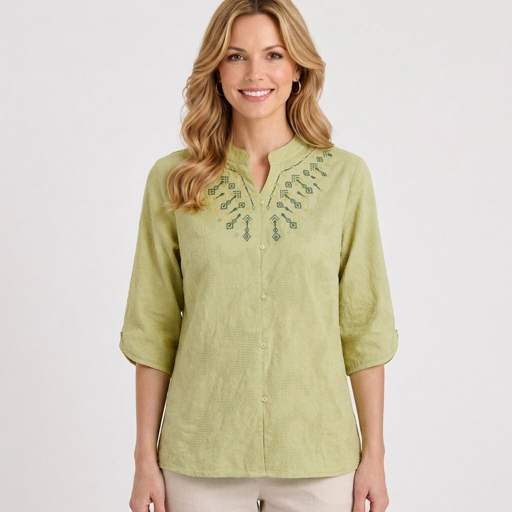 Embroidered Button Front Three-Quarter Blouse