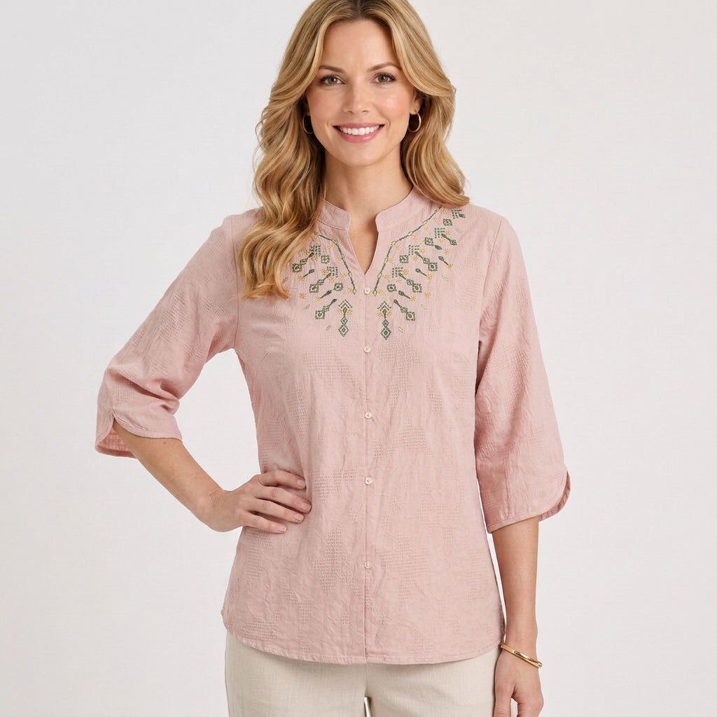Embroidered Button Front Three-Quarter Blouse