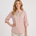 Embroidered Button Front Three-Quarter Blouse