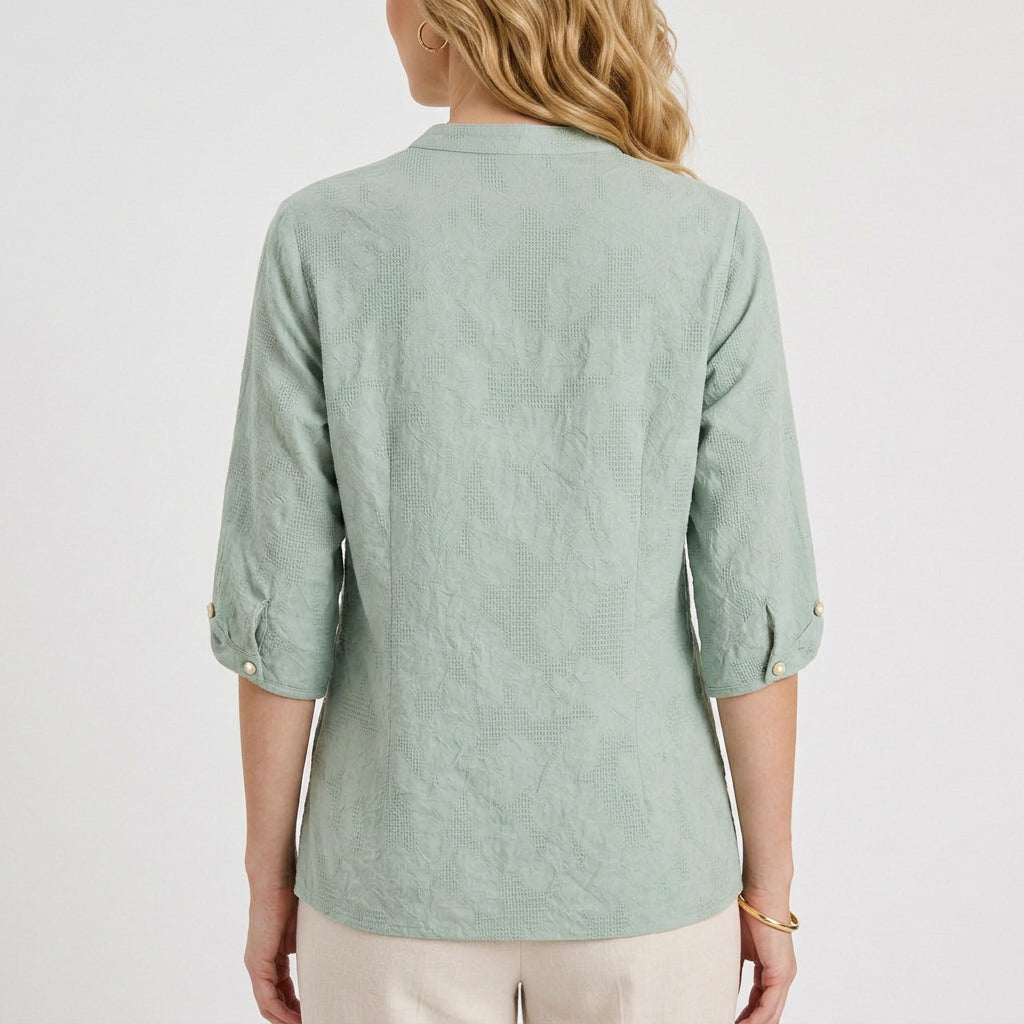 Embroidered Button Front Three-Quarter Blouse