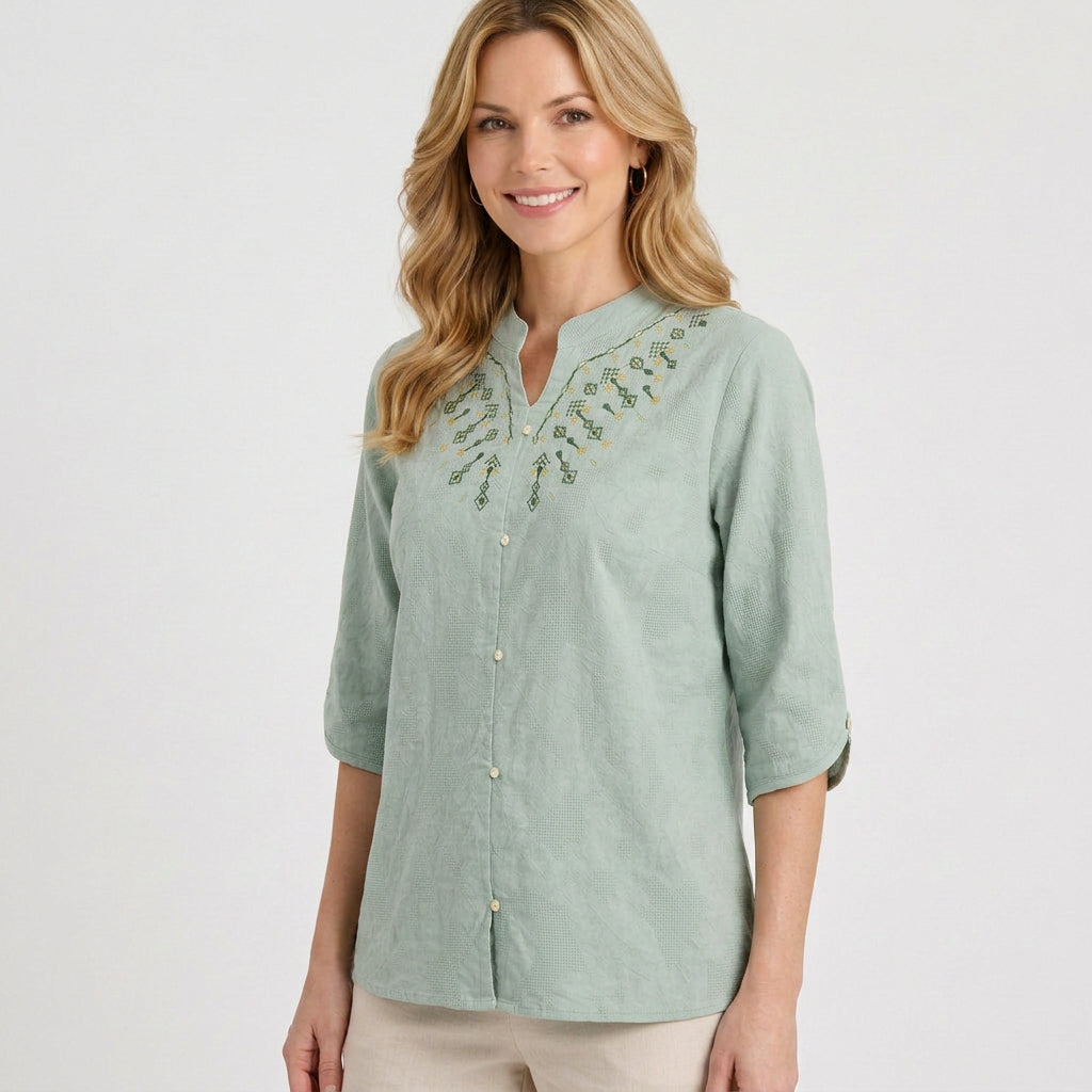 Embroidered Button Front Three-Quarter Blouse