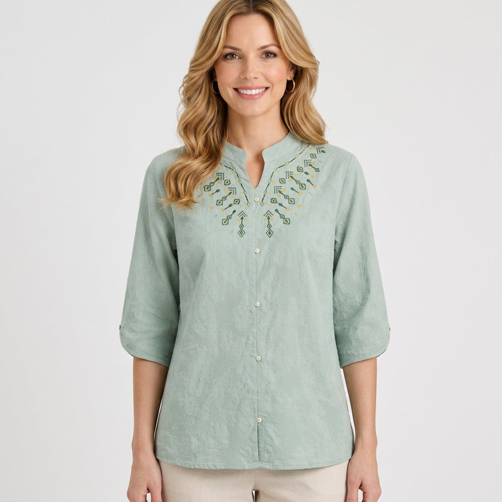 Embroidered Button Front Three-Quarter Blouse