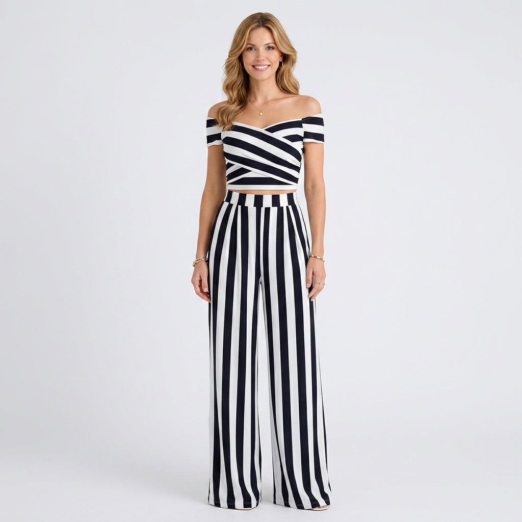 Floral Off-Shoulder Top and Wide-Leg Trouser Set