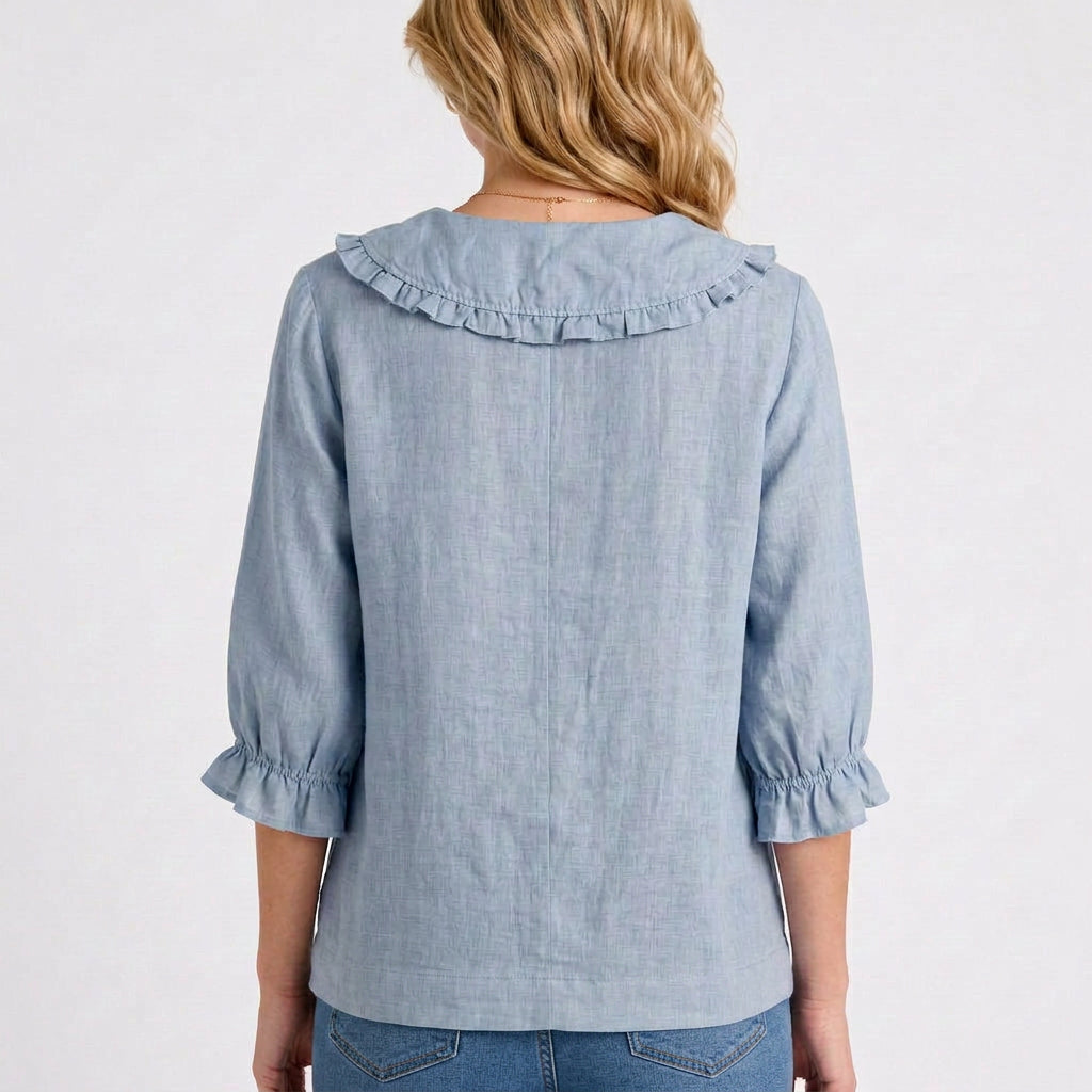 Ruffle Collar Linen Blouse with Button Front