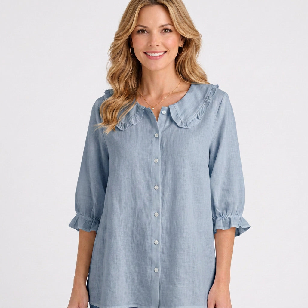 Ruffle Collar Linen Blouse with Button Front