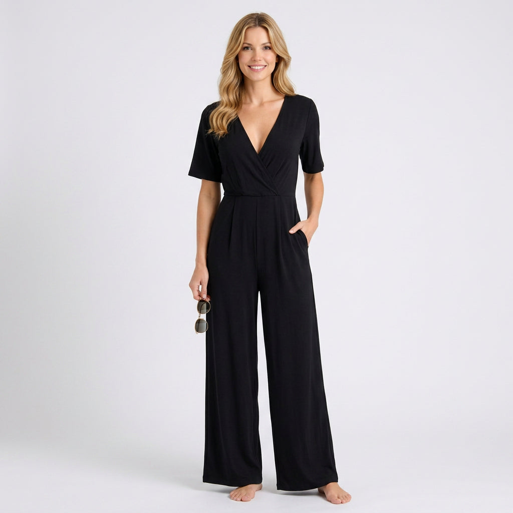 Wrap-Front Wide-Leg Jumpsuit with Tie Waist