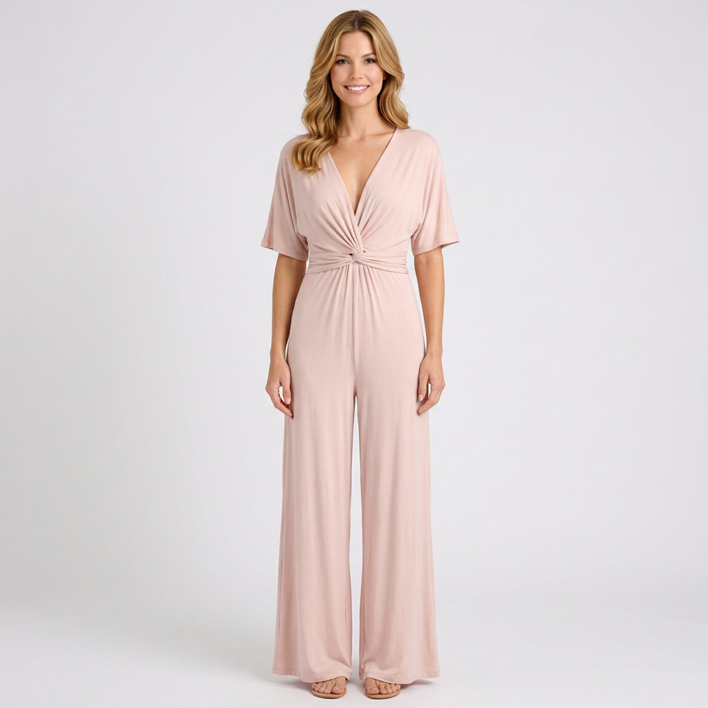 Wrap-Front Wide-Leg Jumpsuit with Tie Waist