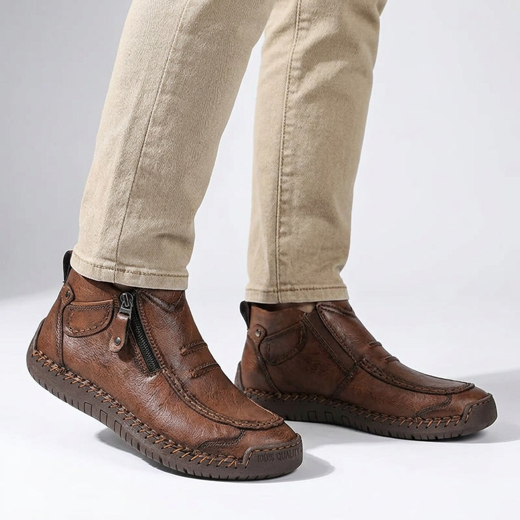 Hand-Stitched Leather Ankle Boots with Side Zip