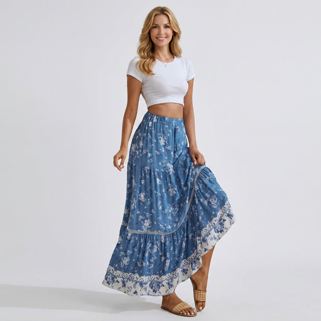 Bohemian Floral Tiered Maxi Skirt with Tie Waist