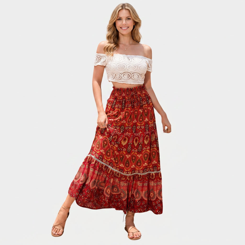 Bohemian Floral Tiered Maxi Skirt with Tie Waist