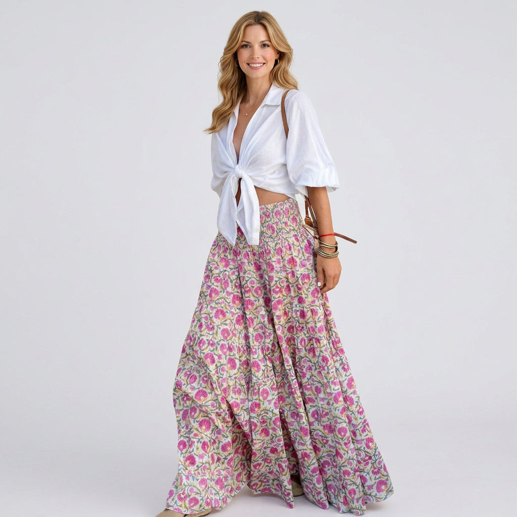 Bohemian Floral Tiered Maxi Skirt with Tie Waist