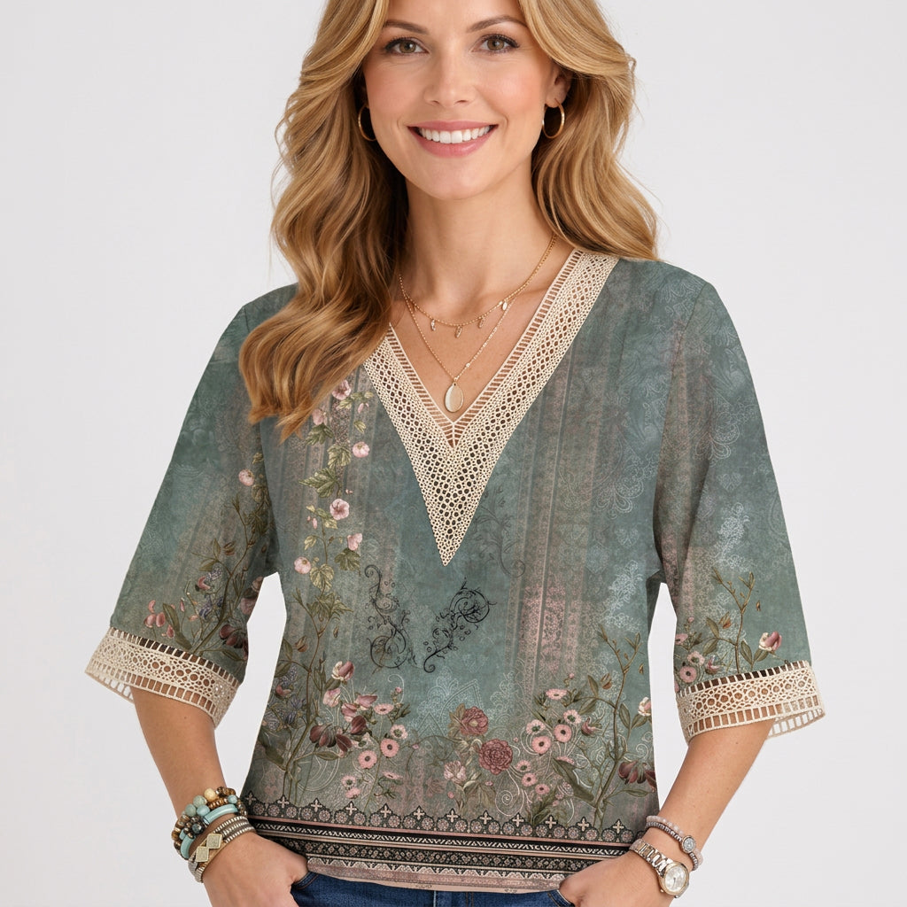 Boho Lace-Trim V-Neck Blouse with Shimmer Print