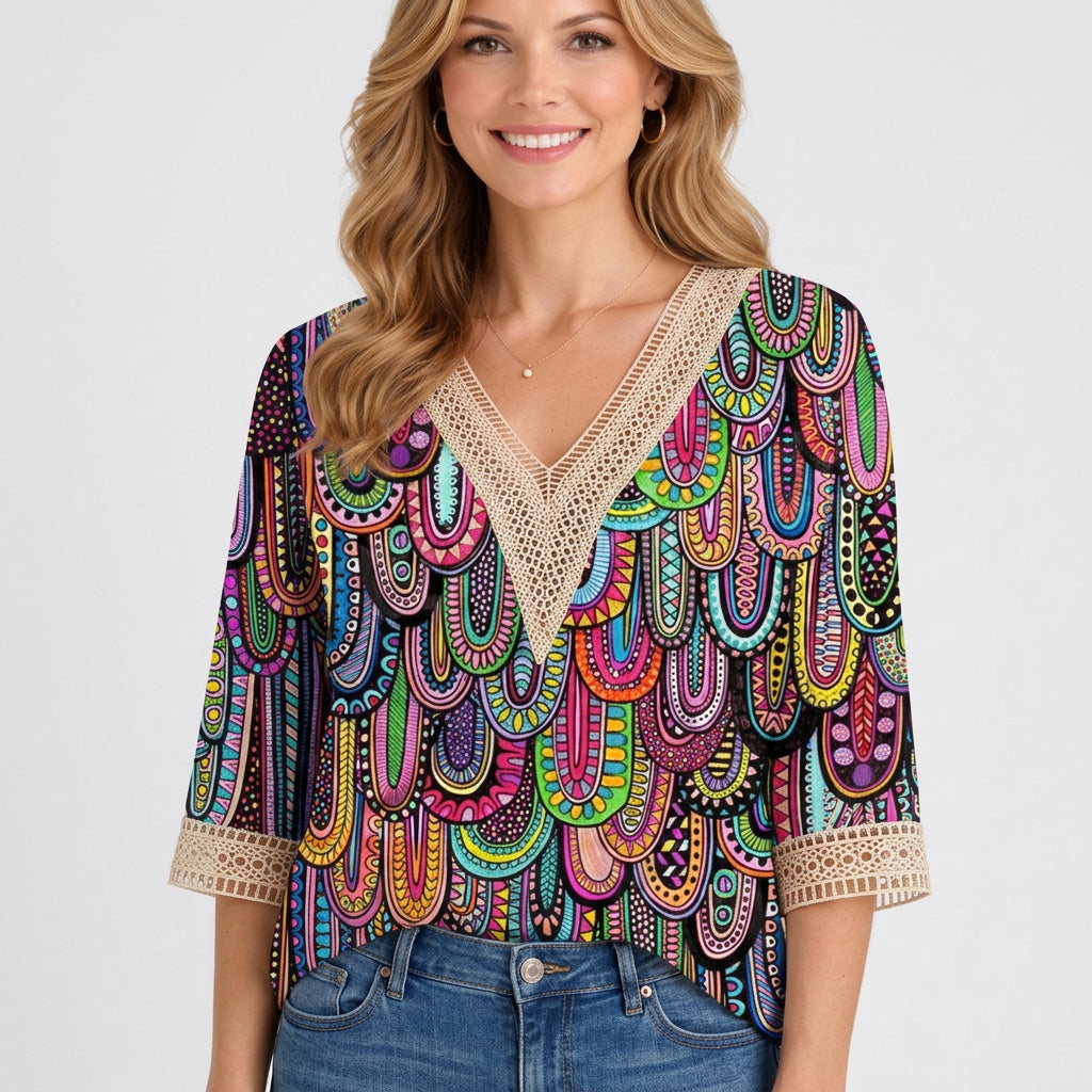 Boho Lace-Trim V-Neck Blouse with Shimmer Print