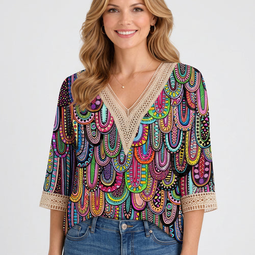 Blouse bohème à col en V, bordure en dentelle et imprimé scintillant