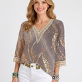 Boho Lace-Trim V-Neck Blouse with Shimmer Print
