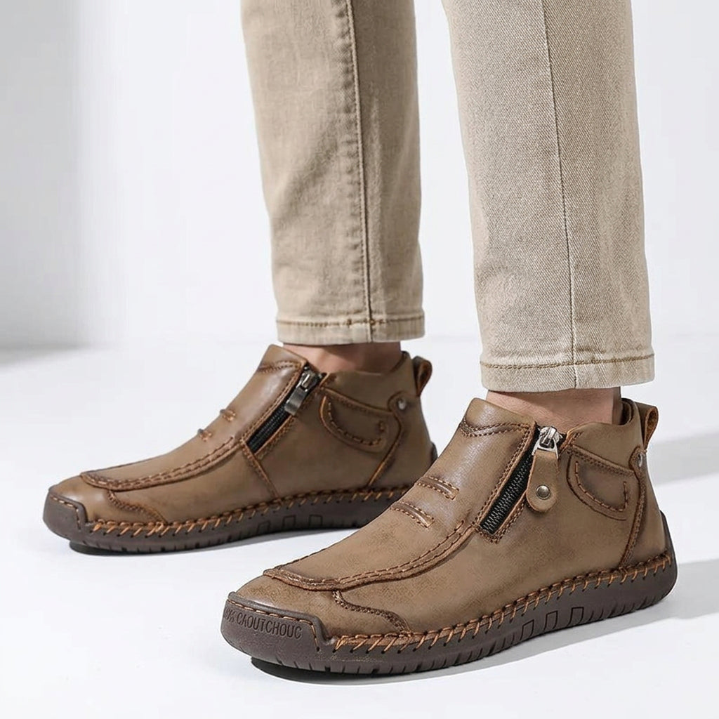 Hand-Stitched Leather Ankle Boots with Side Zip