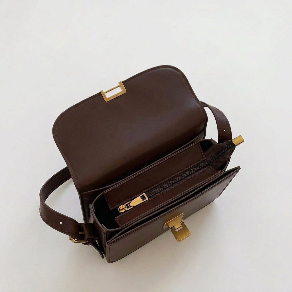 Structured Flap Shoulder Bag with Gold Clasp
