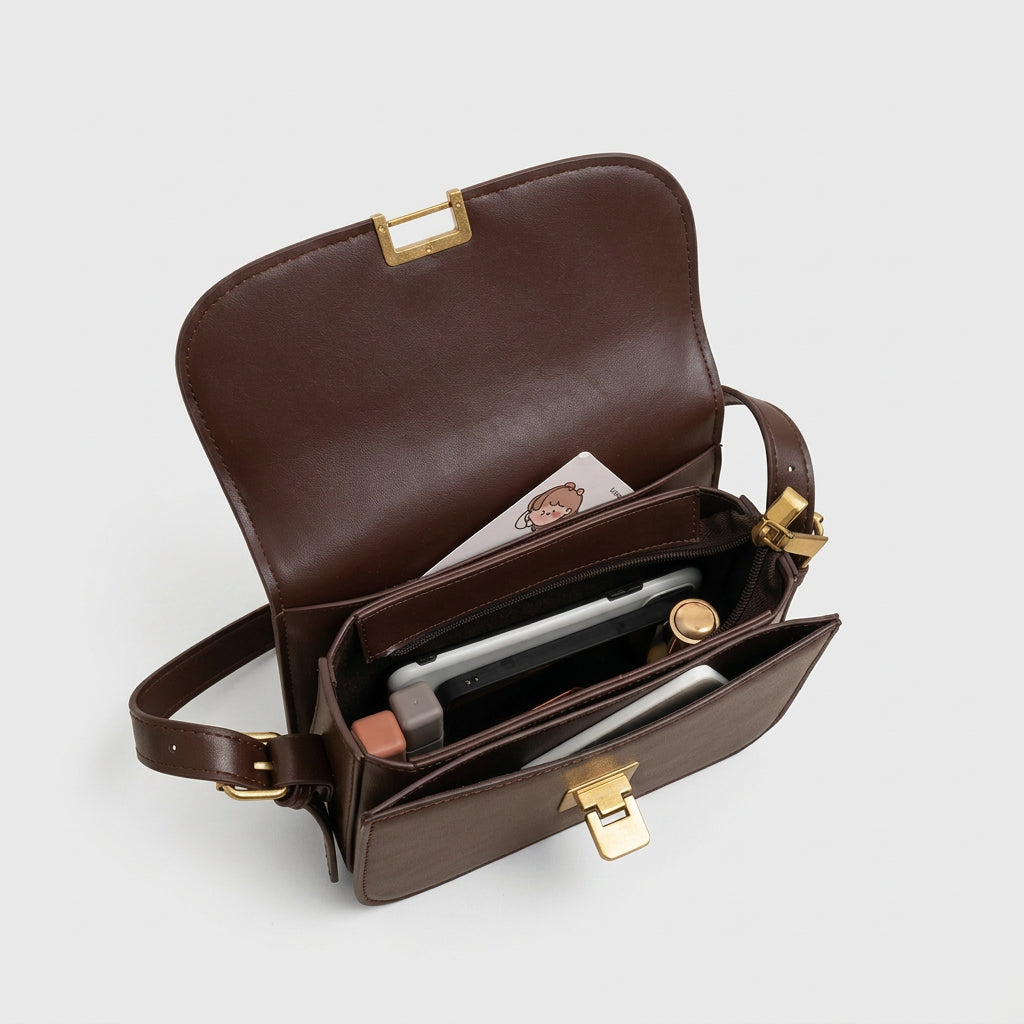 Structured Flap Shoulder Bag with Gold Clasp