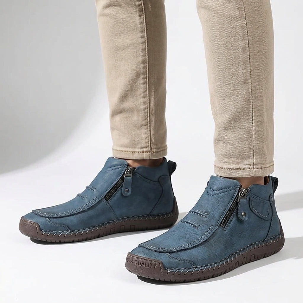 Hand-Stitched Leather Ankle Boots with Side Zip