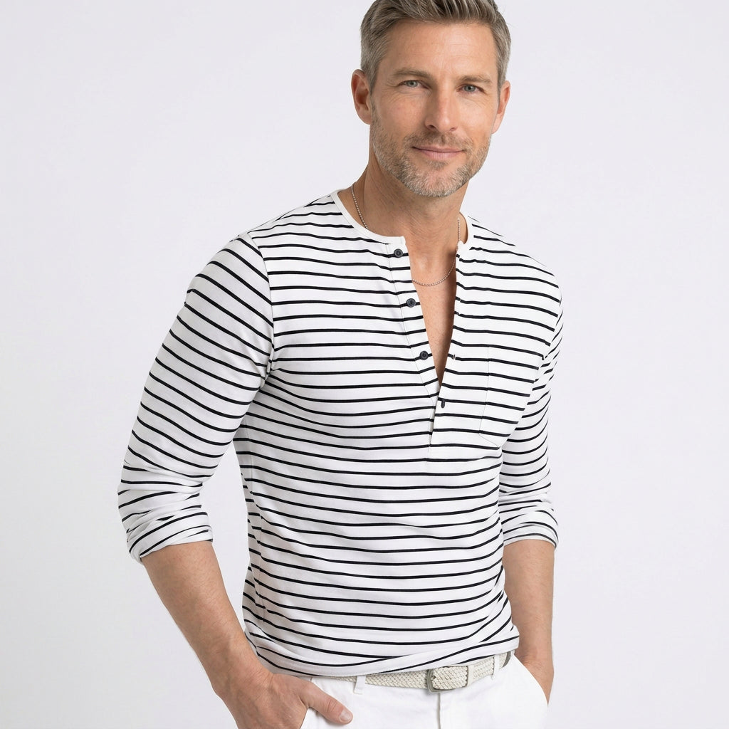 Striped Long Sleeve Henley with Button Placket
