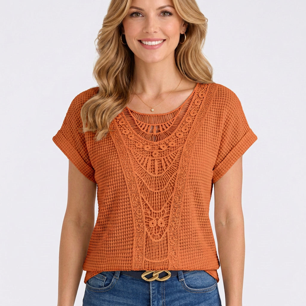 Crochet Lace Textured Top with Cap Sleeves