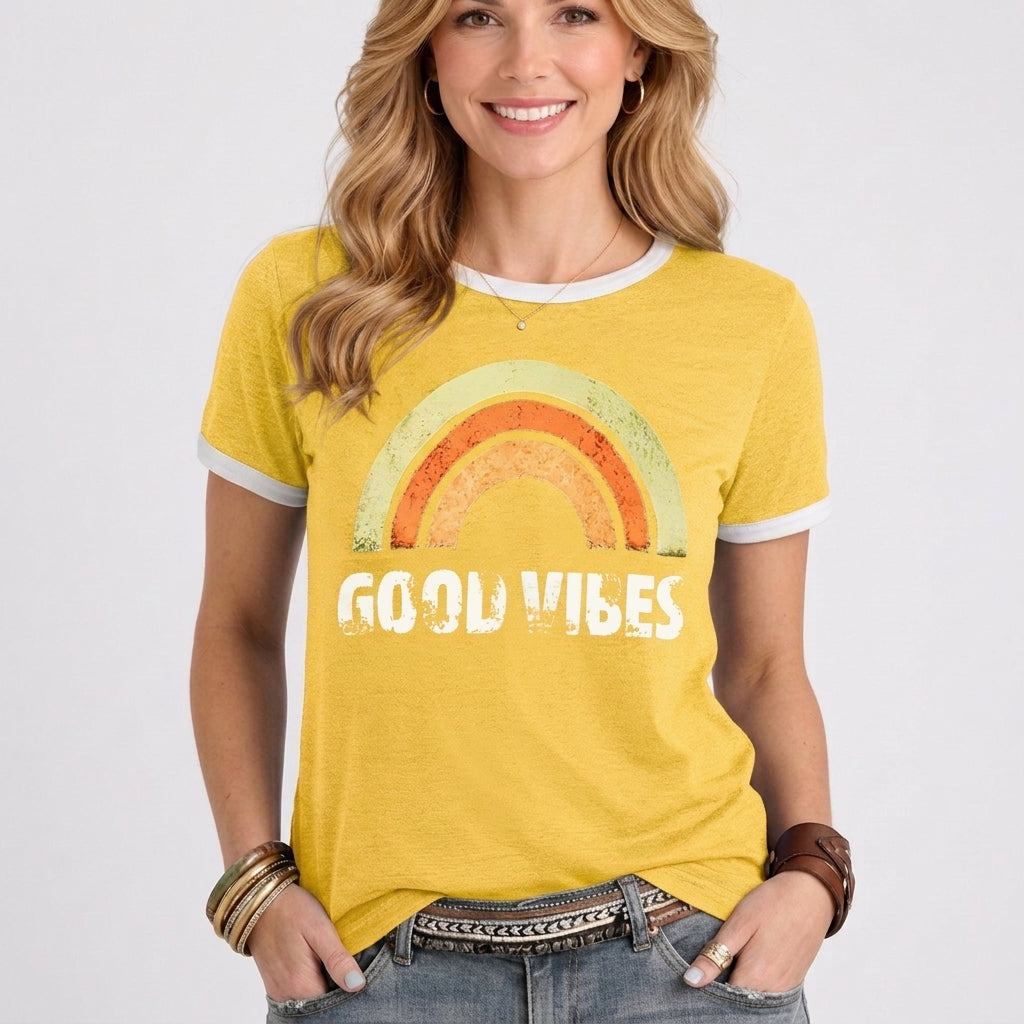 Retro Rainbow Slogan Ringer Tee Short Sleeve