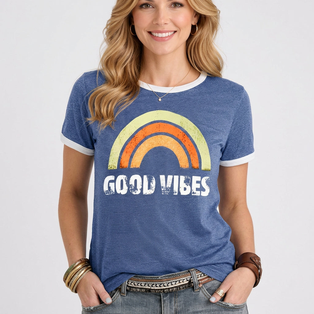 Retro Rainbow Slogan Ringer Tee Short Sleeve