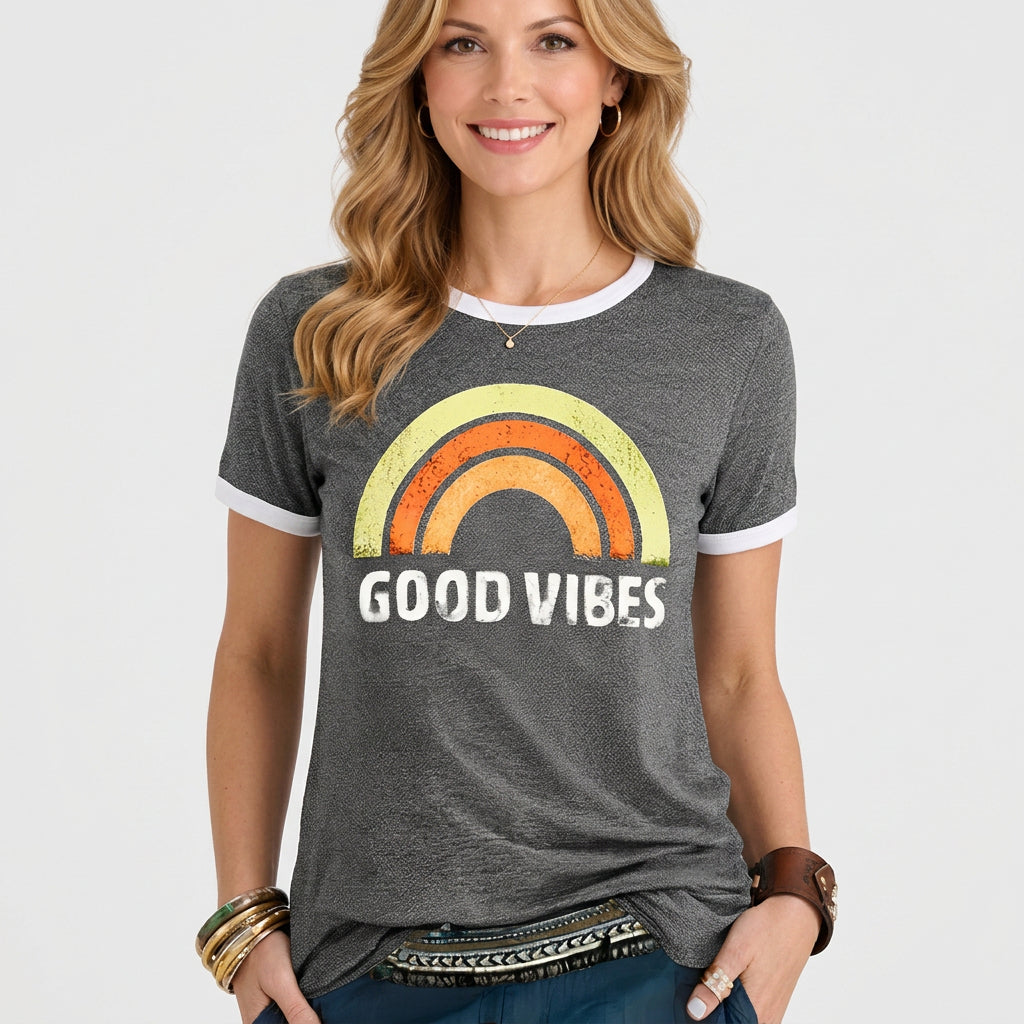 Retro Rainbow Slogan Ringer Tee Short Sleeve