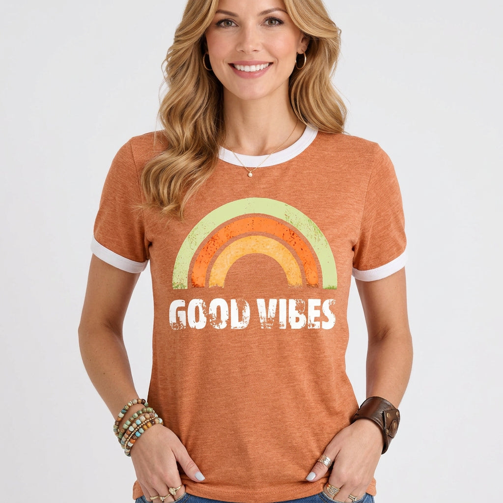 Retro Rainbow Slogan Ringer Tee Short Sleeve