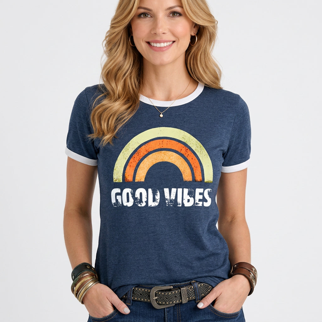 Retro Rainbow Slogan Ringer Tee Short Sleeve