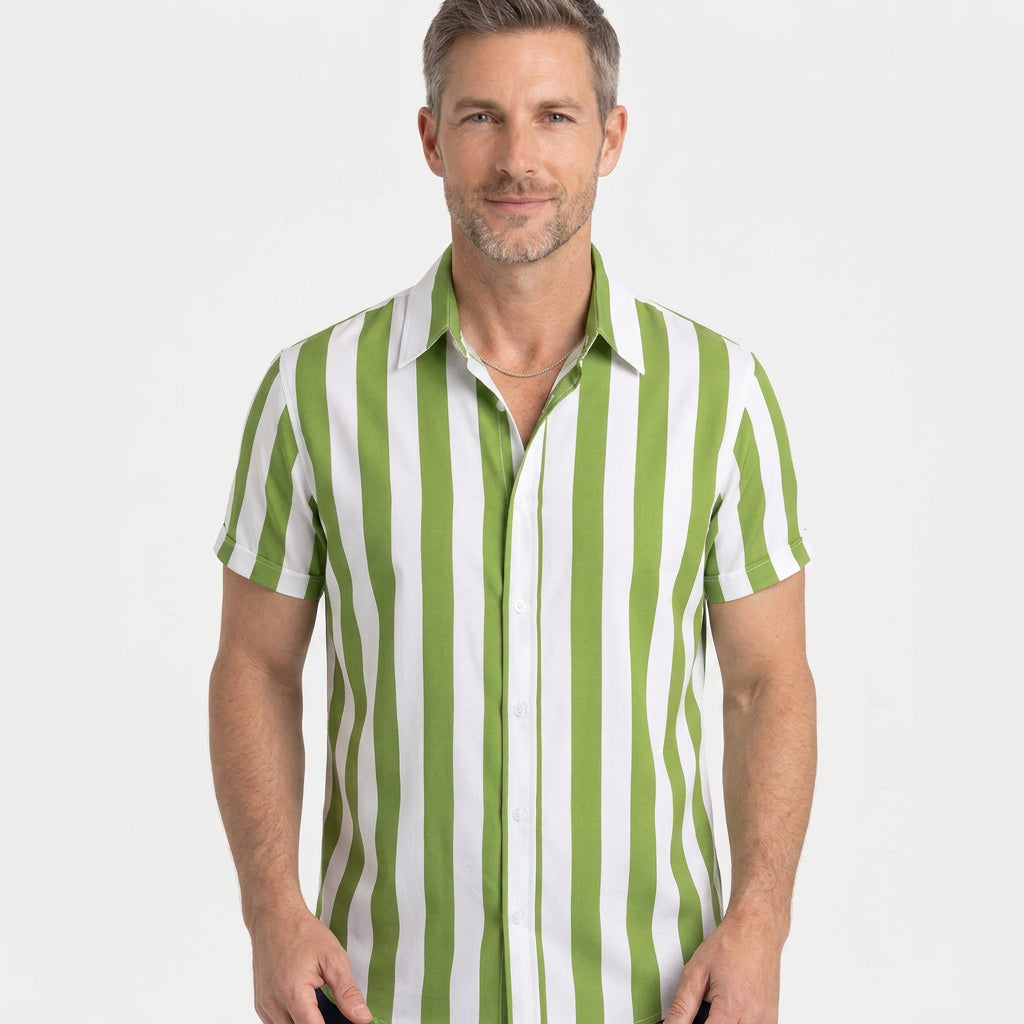 Vertical Stripe Short Sleeve Cuban Collar Shirt