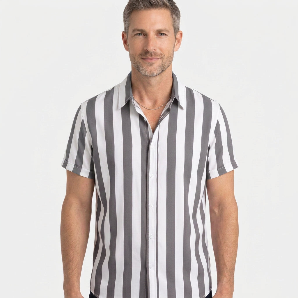 Vertical Stripe Short Sleeve Cuban Collar Shirt
