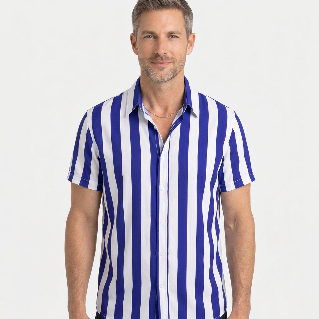 Vertical Stripe Short Sleeve Cuban Collar Shirt