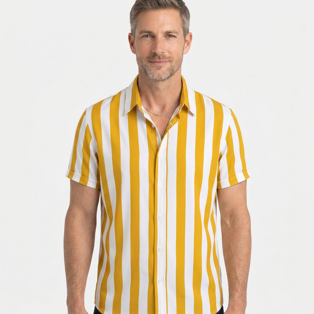 Vertical Stripe Short Sleeve Cuban Collar Shirt