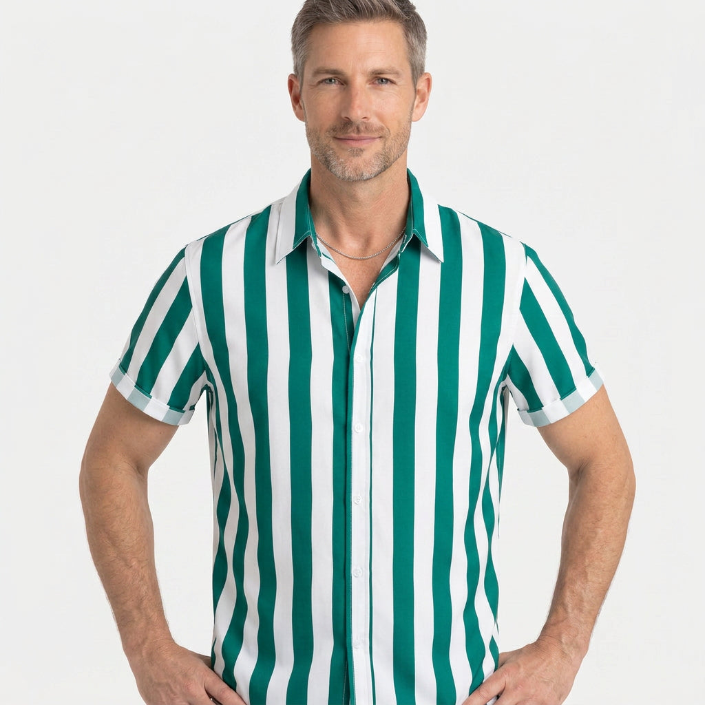 Vertical Stripe Short Sleeve Cuban Collar Shirt