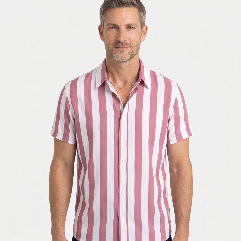 Vertical Stripe Short Sleeve Cuban Collar Shirt