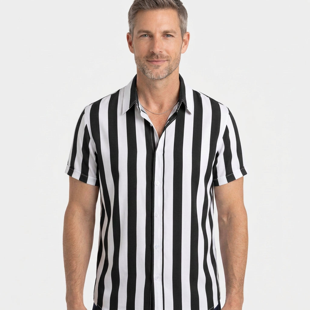 Vertical Stripe Short Sleeve Cuban Collar Shirt