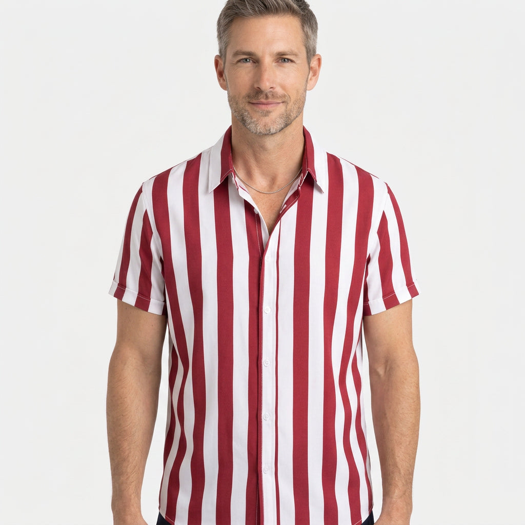 Vertical Stripe Short Sleeve Cuban Collar Shirt