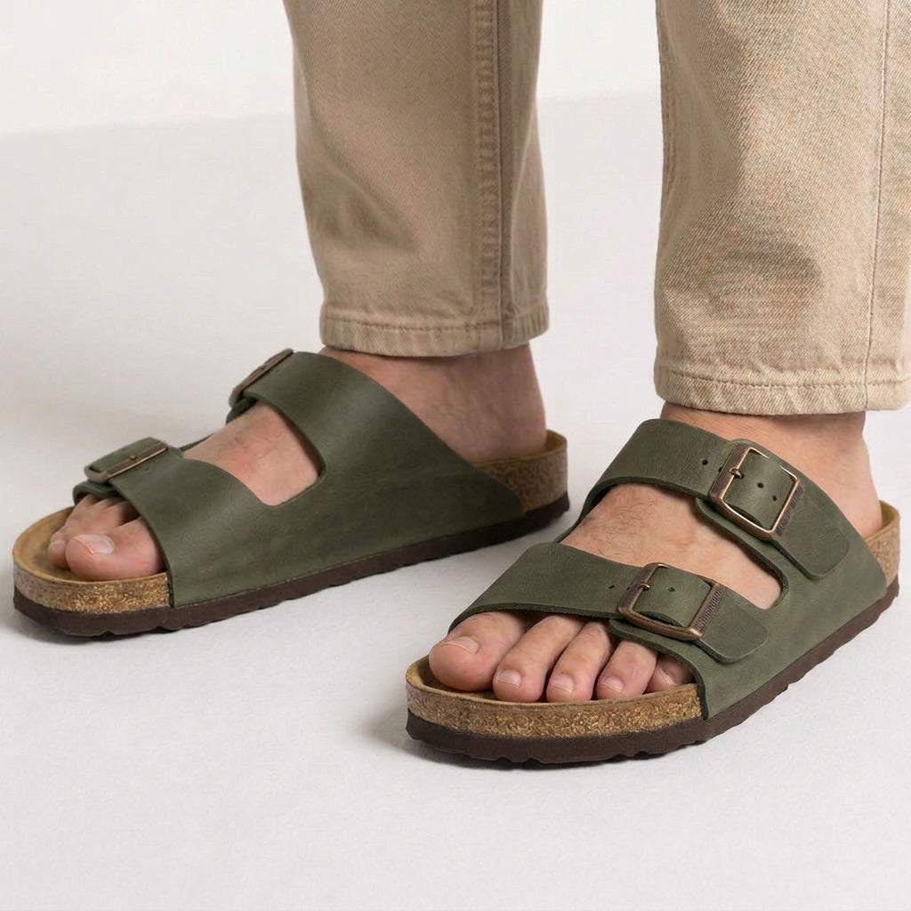 Double Buckle Leather Slide Sandals with Cork Footbed