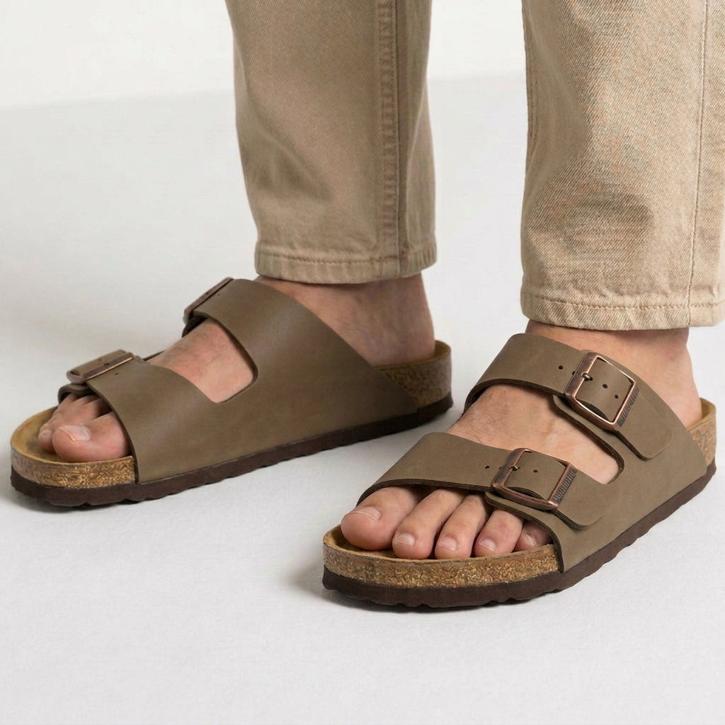 Double Buckle Leather Slide Sandals with Cork Footbed