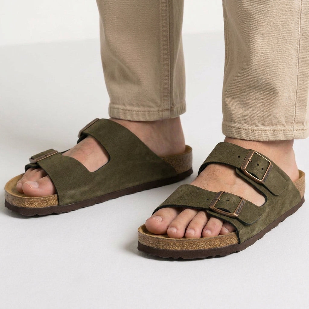 Double Buckle Leather Slide Sandals with Cork Footbed