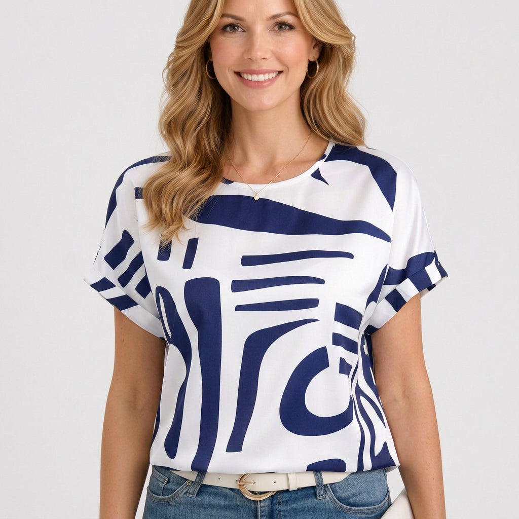 Abstract Print Round Neck Top with Short Sleeves