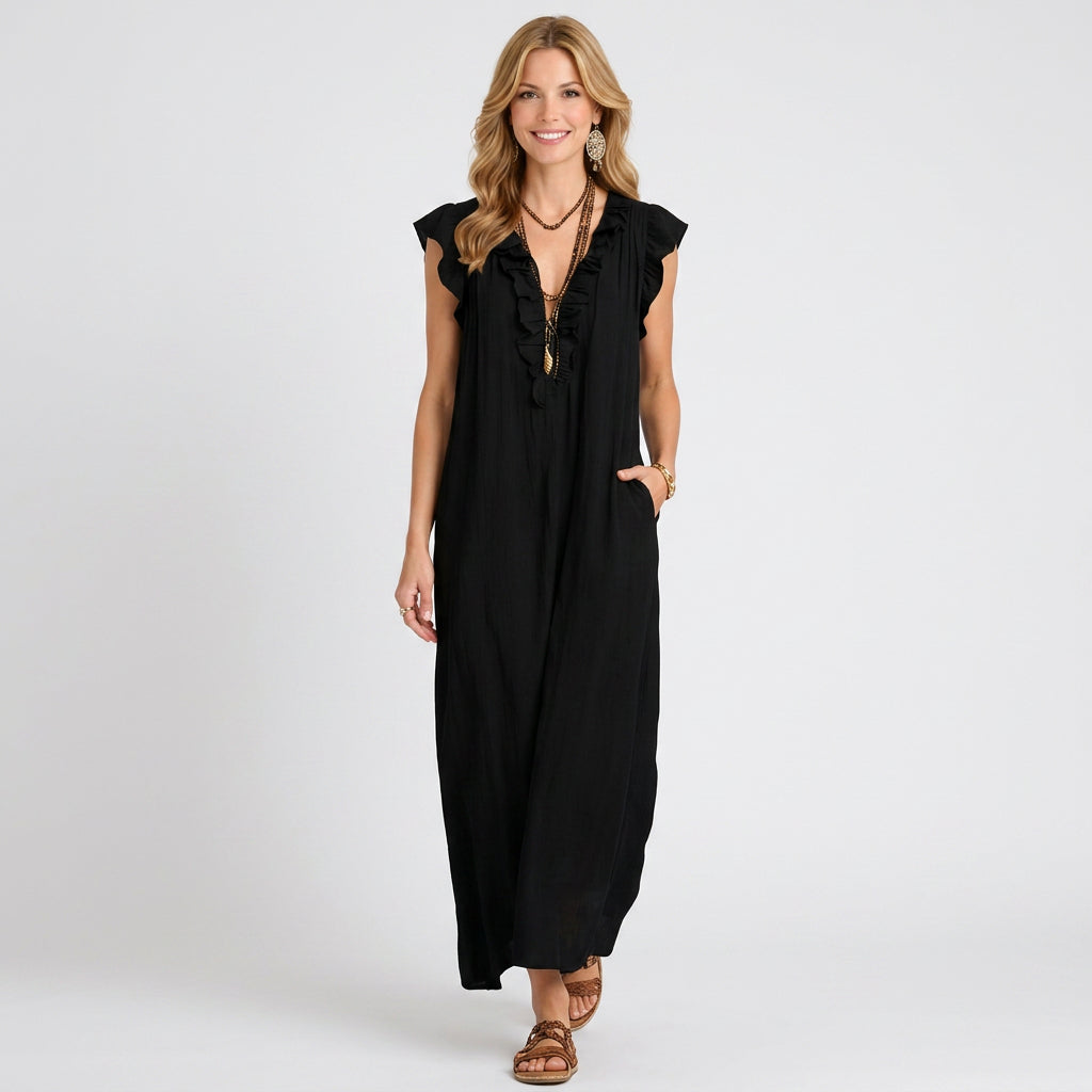 Ruffle V-Neck Linen Maxi Dress with Pockets