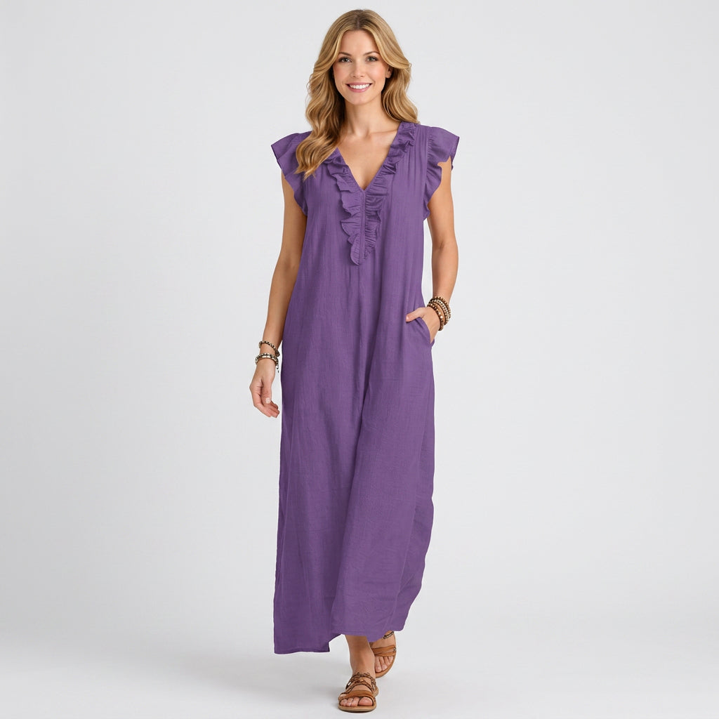 Ruffle V-Neck Linen Maxi Dress with Pockets