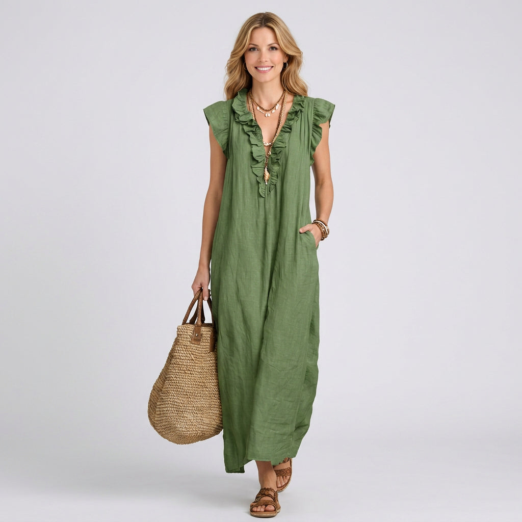 Ruffle V-Neck Linen Maxi Dress with Pockets