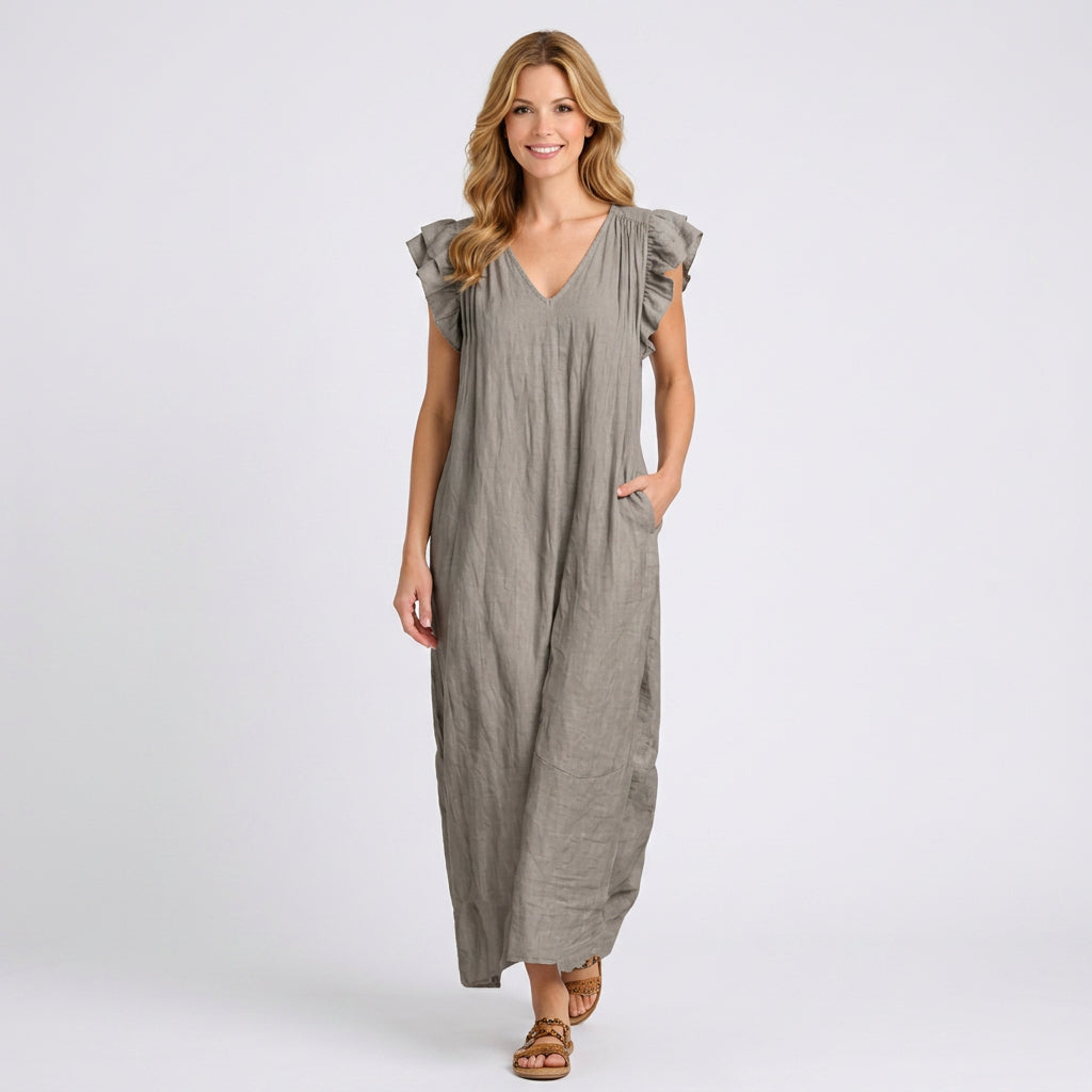 Ruffle V-Neck Linen Maxi Dress with Pockets