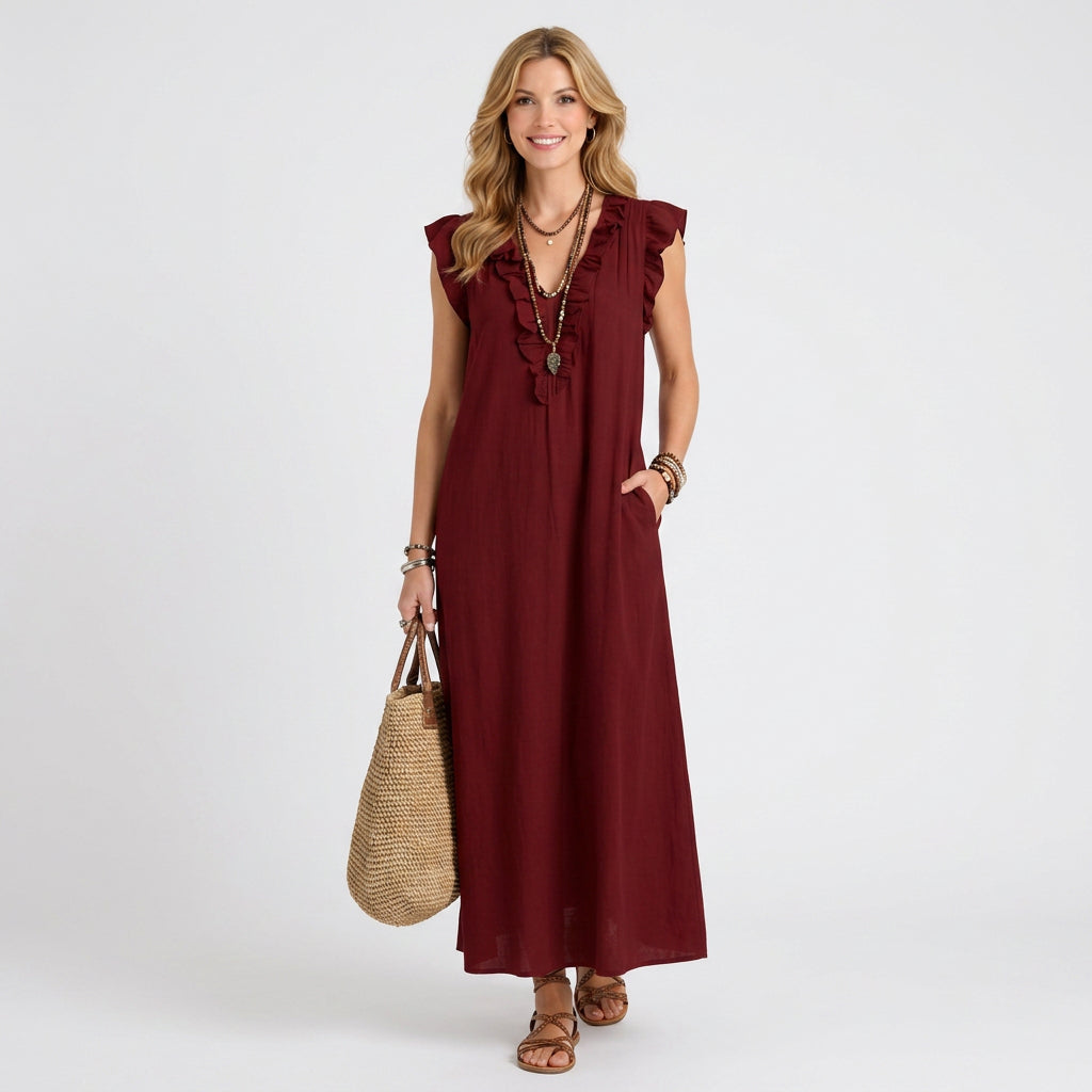 Ruffle V-Neck Linen Maxi Dress with Pockets